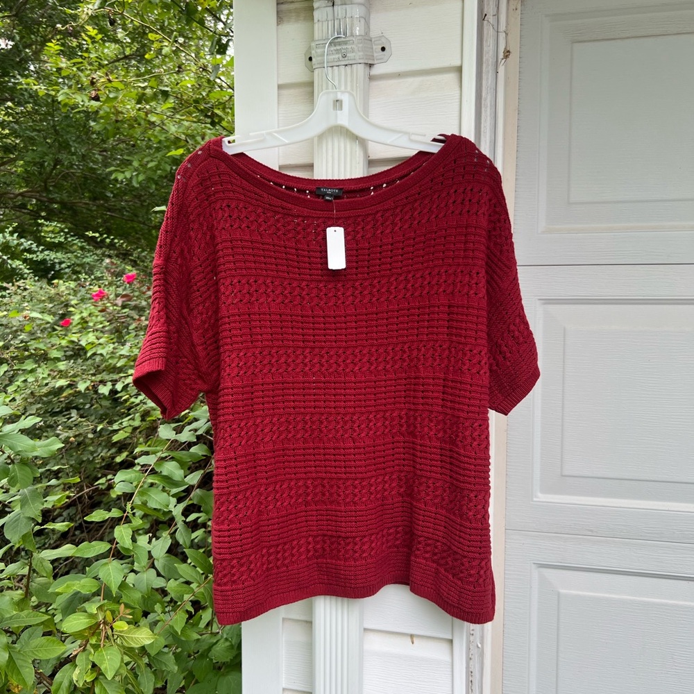 NWT Talbots Pretty Maroon Boatneck 100% Cotton Short Sleeve Sweater